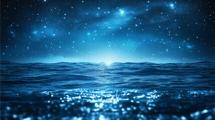 Celestial Sea: A serene dreamscape where a starry night sky and a shimmering blue ocean meet, creating a breathtaking vista of celestial beauty 