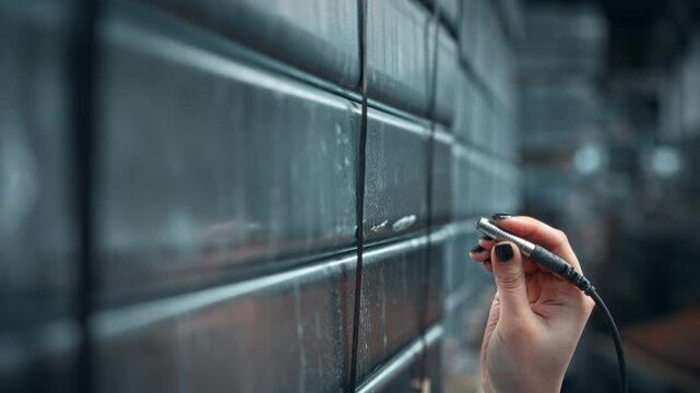 Quality control of metal products using an ultrasonic thickness gauge. Checking the thickness of the galvanized coating on steel parts.