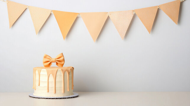 Happy birthday bunting themed, minimalistic cake with bow and soft champagne bunting decor
