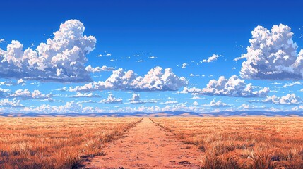 Serene Landscape: A Golden Field Path Under a Vast Blue Sky with Puffy Clouds. Peaceful Nature Scene, Perfect for Relaxation and Inspiration
