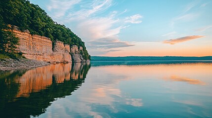 Fototapeta premium Cliffside with a dense forest covering the slopes, overlooking a calm lake reflecting the sky.
