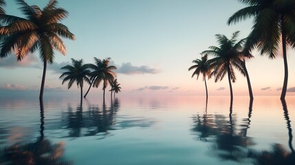 Obraz premium serene sunset palm trees reflection - minimalist nature photography