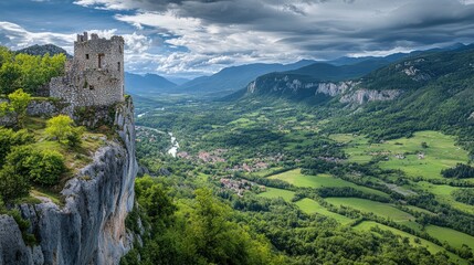 Cliff view with an old castle ruin perched on the edge, overlooking a lush green valley below.