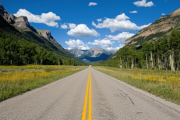 Fototapeta premium Open road through mountain valley with wildflowers and trees under blue sky.