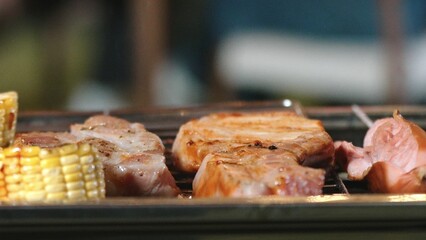 Family gather celebrate holiday, Family member grill food for dinner party. Outdoor camping activity to relax with tasty meal and spend time with young generation cross generation gap. Divergence.