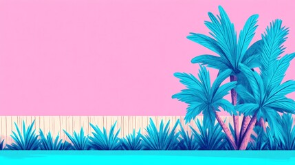 Naklejka premium Vibrant Digital Painting: Teal Palms Gracefully Rise Against a Pink Wall. AI Generated