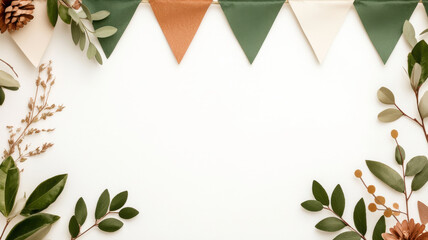 Happy birthday bunting themed, Rustic bunting frame with muted tones and greenery for decoration