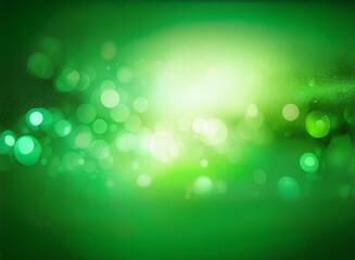 Abstract green bokeh background with bright center and dark edges.  Soft, glowing lights create a dreamy, ethereal effect.