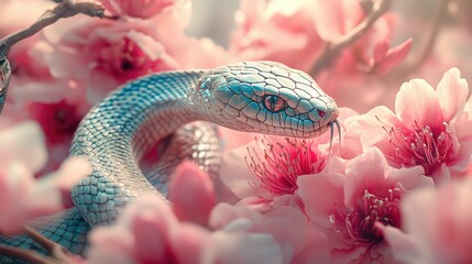 Fototapeta premium snake wriggling in the bushes of flowers
