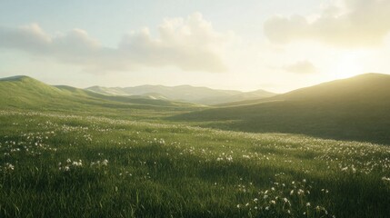 Serene countryside landscape featuring gentle hills, vibrant greenery, expansive blue sky, tranquil atmosphere, ideal for relaxation and reflection