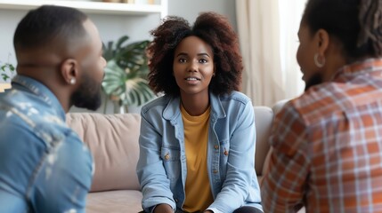 A woman sits between two people and talks to them.