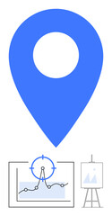 Blue location pin symbolizing mapping graph with a target marker highlights data accuracy easel represents presentation. Ideal for business strategy, data analysis, location tracking, goal setting