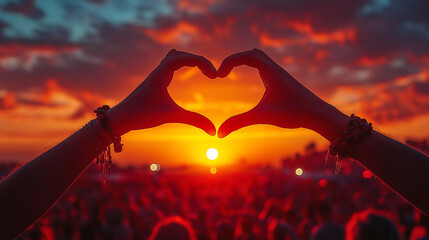 Hands shape heart sign at sunset beach music fest, crowd enjoys live concert. Outdoor summer event, happy fans party, love symbol, festive vibe by the sea.