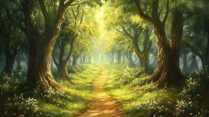 Serene forest pathway, dappled sunlight through lush foliage, inviting tranquility and connection with nature.
