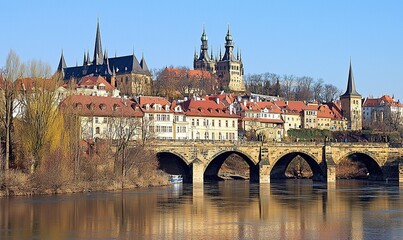 Naklejka premium Prague cityscape with Vltava River, bridge, St. Vitus Cathedral, and historic buildings.