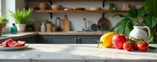 Empty marble stone table with cluttered background, product placement mock up , marble, , empty