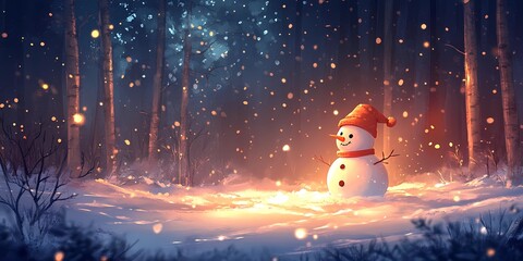 Cheerful snowman with softly glowing blurred bokeh lights in a serene winter background evoking holiday charm, style book illustration