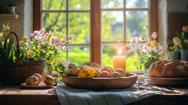 A rustic Easter breakfast in a countryside home, with wooden plates, painted eggs, fresh bread, and a lit Paschal candle. The window reveals a blooming garden bathed in soft morning light.