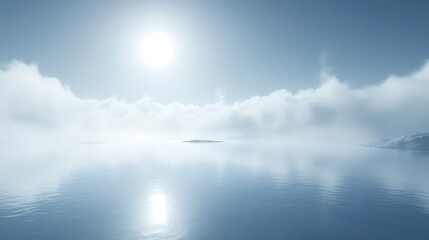 Obraz premium Serene seascape with low clouds and bright sun.