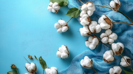 Obraz premium Cotton blossoms, blue background, fabric, textile.