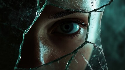 Contemplation in Fractured Glass, a figure lost in thought, gazes into a fragmented mirror, revealing inner turmoil and reflection.