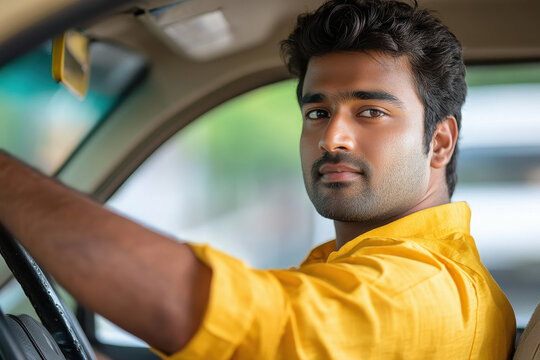 young indian man driving a car