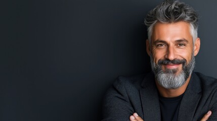 Obraz premium A portrait of a smiling, bearded man with salt-and-pepper hair, wearing a dark blazer, set against a plain dark background, exuding confidence and warmth