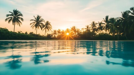 tropical sunset palm trees pool reflection - tranquility/wellness: .