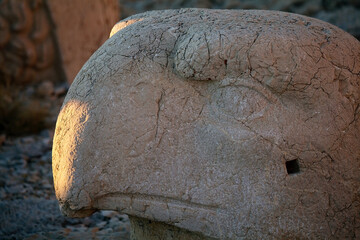 Head of persian eagle at West terrace at the Mount Nemrut in southeastern Turkey at sunset