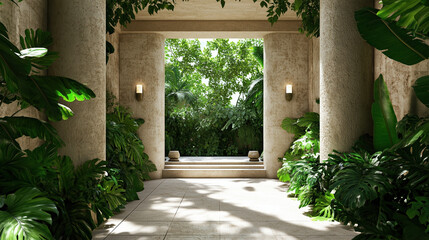 Fototapeta premium serene entrance surrounded by lush greenery and natural light