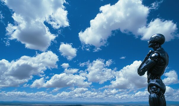 Robot contemplating under cloudy sky overlooking landscape.
