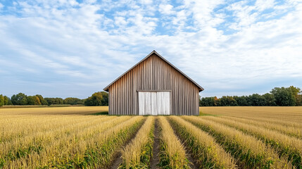 Obraz premium serene farm landscape featuring rustic barn surrounded by golden fields