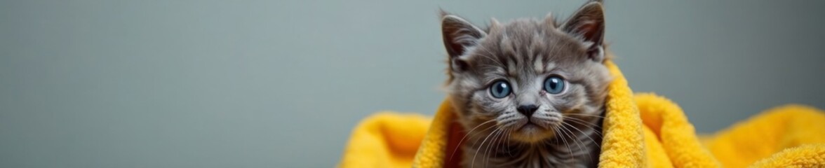 Fluffy gray kitten in a yellow towel, blue eyes shining, after a bath on a neutral grey background , animal behavior, tabby cat photos, cat relaxation
