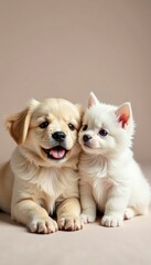 Obraz premium Fluffy white kitten snuggled by adorable puppy dog, both look up with joyful expressions, isolated on white , love, pet love