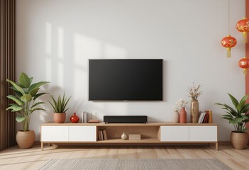 Modern Chinese-Inspired Living Room with Empty TV Mockup