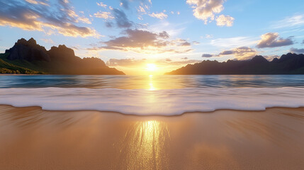 Fototapeta premium Tranquil beach at sunset with gentle waves and mountains in background