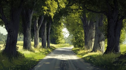 Naklejka premium Serene Countryside Pathway, a tranquil road bordered by ancient trees, inviting peaceful strolls through nature's embrace, perfect for contemplation.