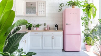 A bright and modern kitchen with pastel cabinetry, a pink refrigerator, and lush greenery, creating a lively and inviting cooking area.