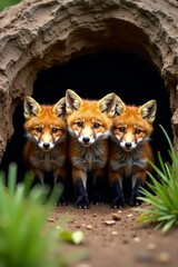 Obraz premium Four little red fox cubs peeking out of den entrance, fox family, foxes, pets in the wild