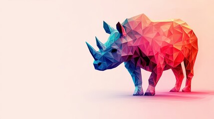 Obraz premium A colorful, geometric representation of a rhinoceros against a soft background, showcasing modern digital art techniques.