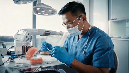 Dental professional examines prosthetic model in modern clinic high-tech environment close-up view