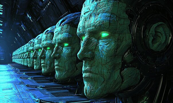 Row of cyborg heads with glowing eyes in dark spaceship interior, sci-fi concept art.