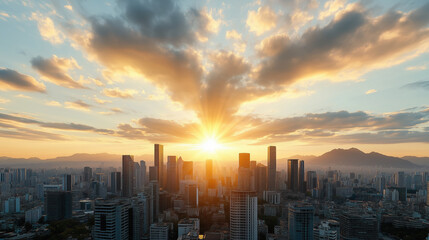 Fototapeta premium Stunning sunset over vibrant urban skyline with dramatic clouds
