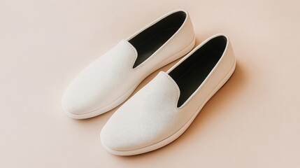 Fototapeta premium Modern loafers on a light beige background, highlighting their smooth texture.