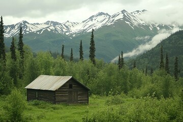Rustic cabin in Alaskan wilderness with snow-capped mountains.
