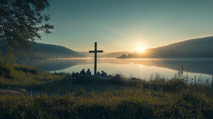 Obraz premium An Easter Sunday sunrise by the lake, with a wooden cross on a hill and the first light reflecting on the water. A small group of people gathers in silent prayer, symbolizing resurrection and renewal
