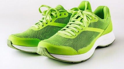Pair of green running shoes on a crisp white background, fresh and sporty.