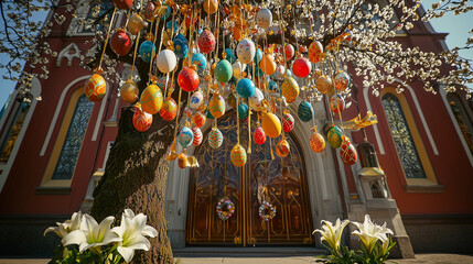 An intricately decorated Easter egg tree in front of a church, with hundreds of colorful eggs hanging from its branches. The church entrance is adorned with white lilies and golden ribbons.