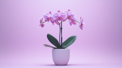 Pink orchid in a white pot, centered on a soft lavender background with a minimalist aesthetic.