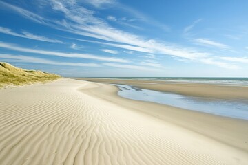 Sandy beach with dunes, tidal pool, calm sea, and blue sky.